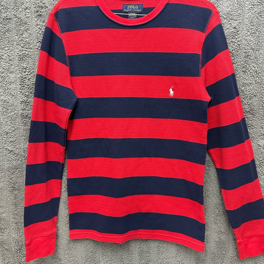 Polo by Ralph Lauren Men's Long Sleeve Red and Navy Striped Tee